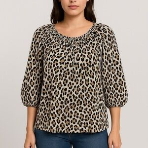 Banana Republic Sheer Leopard Blouse Women’s S Ruched Neck Puff Sleeve Peasent